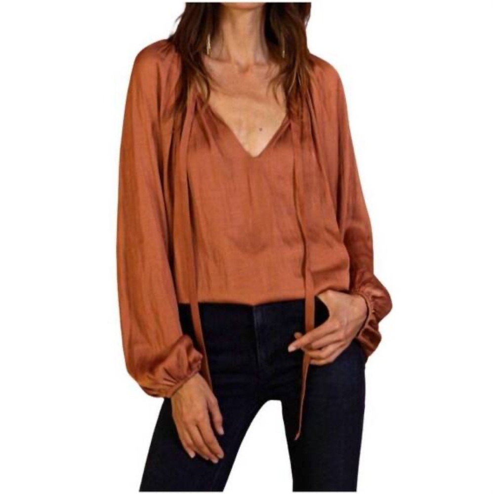 By Together NWT rust terracotta satin dream tie front long sleeve peasant blouse